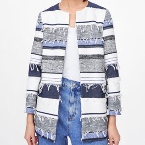 Zara blue white stripe fringe open jacket cotton large